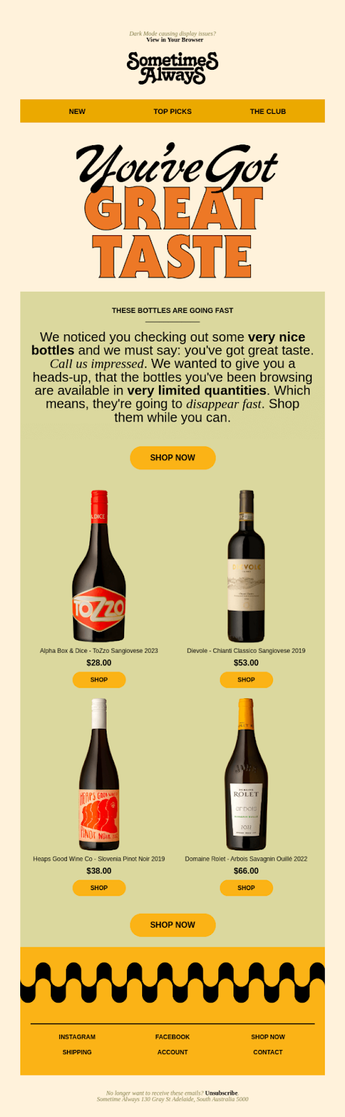 Browse abandonment email example with urgency messaging, product images, and scarcity tactics to recover abandoned product page visitors for ecommerce conversion